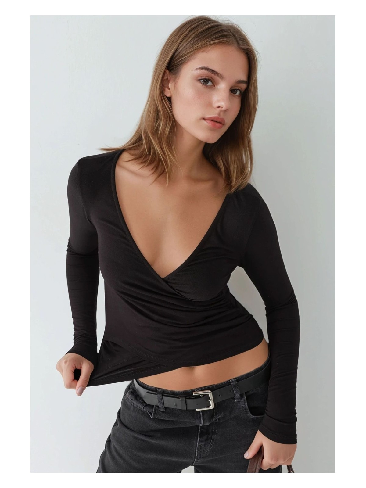 Hiccup Kadın Yumuşak Dokulu Slim Fit V Yaka Uzun Kollu Üst Kunduz Kahverengisi - Görsel 4