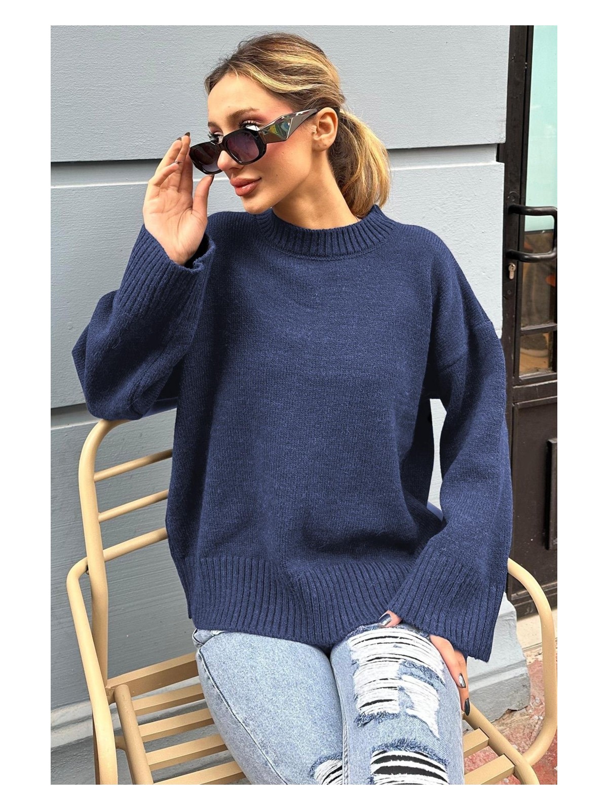 İmaj Butik Lacivert Bisiklet Yaka Yumuşak Dokulu Oversize Triko Kazak - Görsel 2