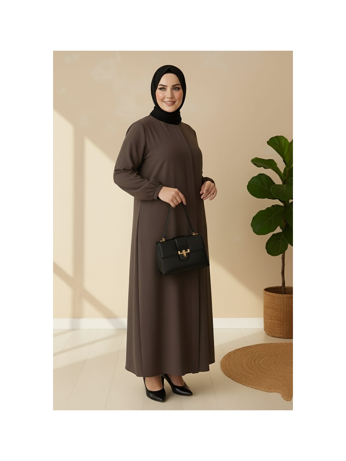 Mismoly Medine Ipeği Mevlana Kesim Cepli Kuşaklı Bol Büyük Beden Ferace - Görsel 5