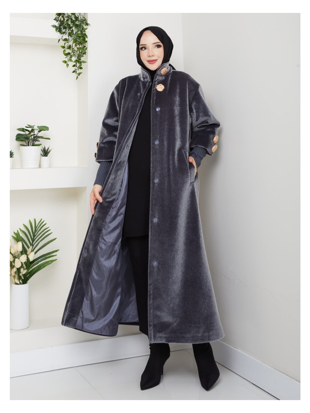 Hakim Yaka Kol Ribanalı Gizli Düğmeli Fok Kumaş Şık Kaban - Görsel 5