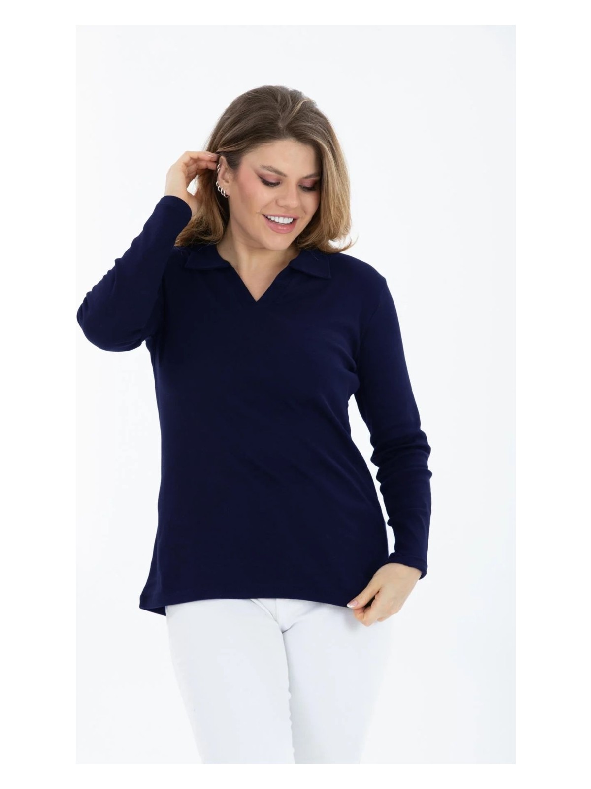 Banega Curve Büyük Beden Pamuklu Likralı V Yaka Basic Düz Beyaz Bluz - Görsel 8