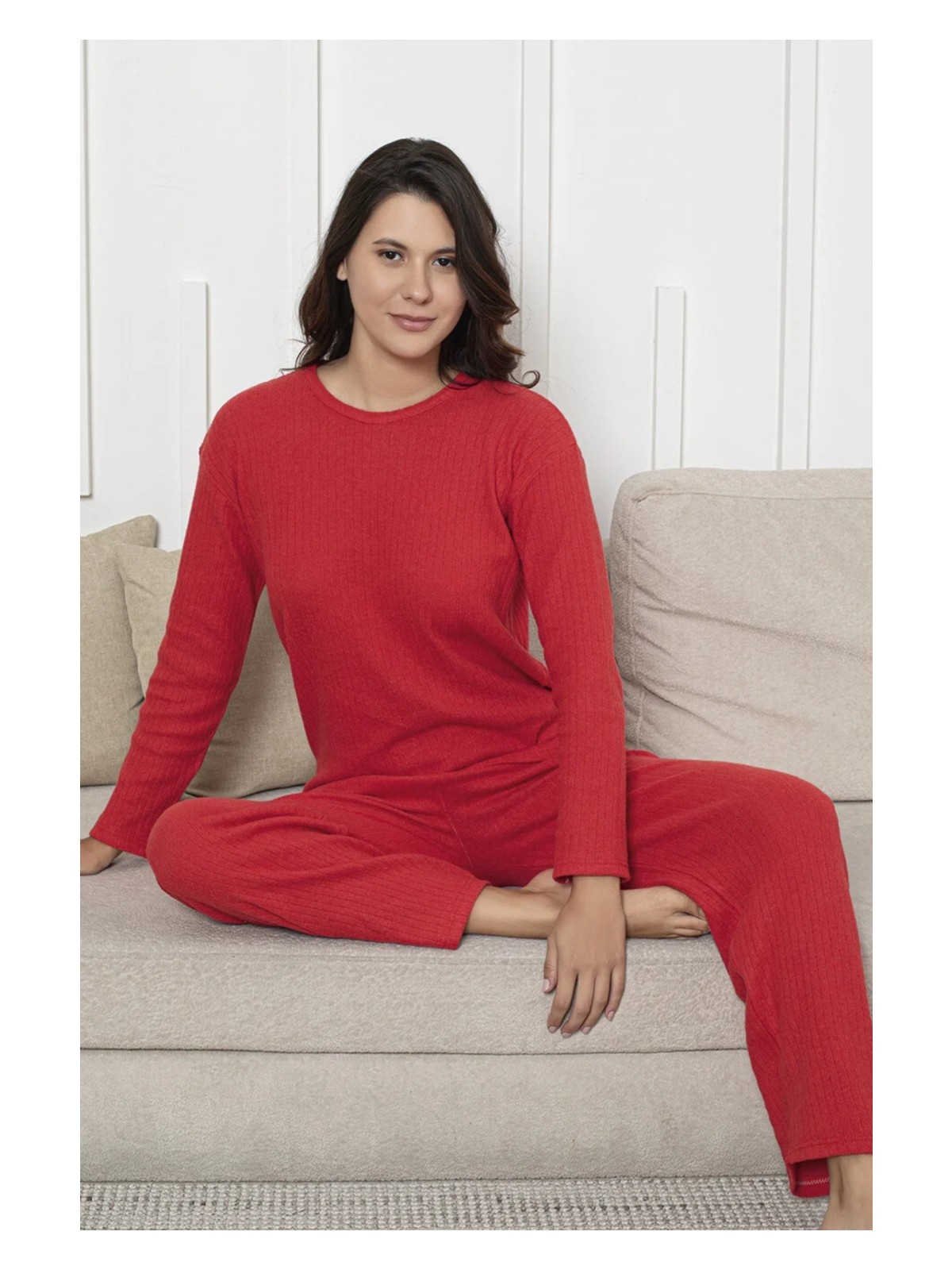 Farya Home Pamuklu Kalın Kışlık Interlok Şeritli Uzun Kollu Örme Pijama Takımı - Görsel 9