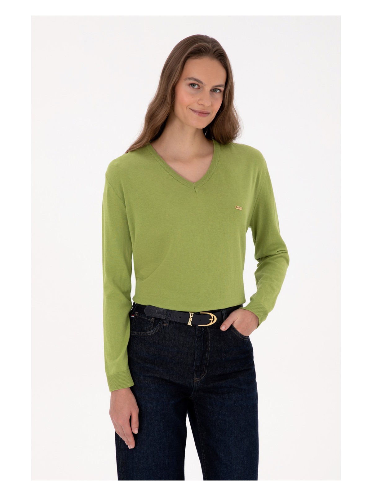 U.S. Polo Assn. Kadın Fıstık Yeşili V Yaka Basic Kazak 50313598-VR087