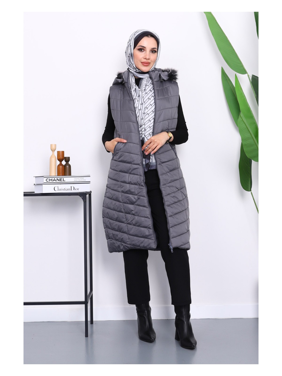 İmaj Butik Kahverengi Kapüşonlu Uzun Şişme Yelek - Görsel 5