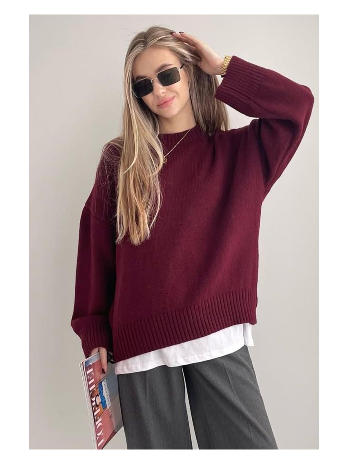 İmaj Butik Bordo Bisiklet Yaka Yumuşak Dokulu Oversize Triko Kazak