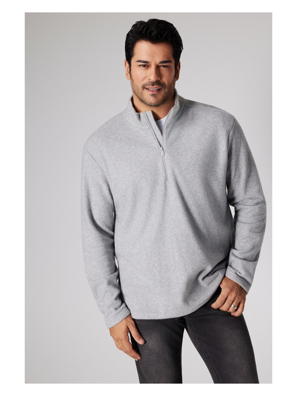 Altınyıldız Classics Erkek Gri Anti-pilling Tüylenme Yapmayan Standart Fit Dik Bato Yaka Soğuk Geçirmez Polar Sweatshirt