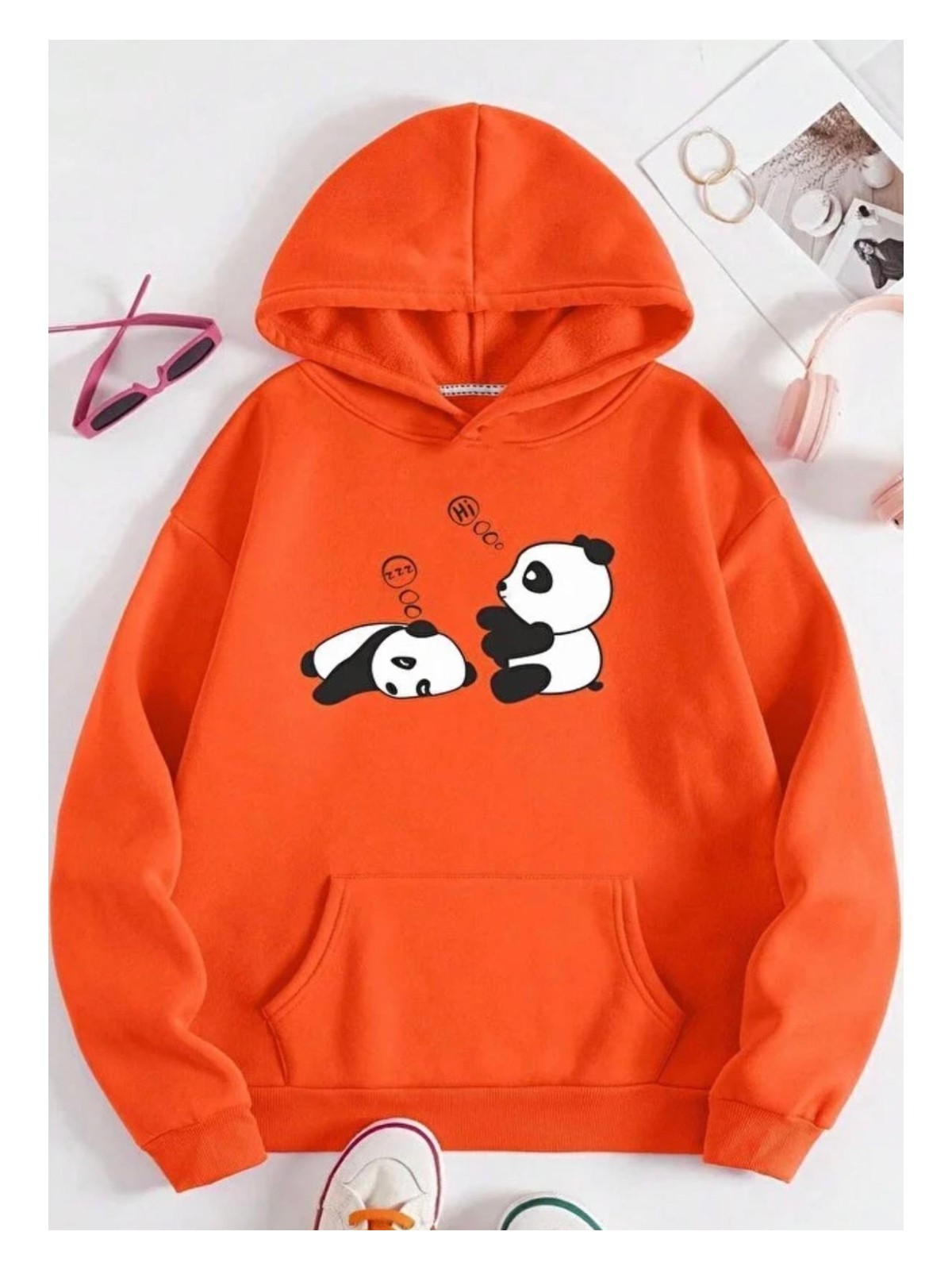 Punix Punıx Büyük Beden Miskin Pandalar Baskılı Kapüşonlu Kalın Kışlık Battal Kadın Sweatshırt