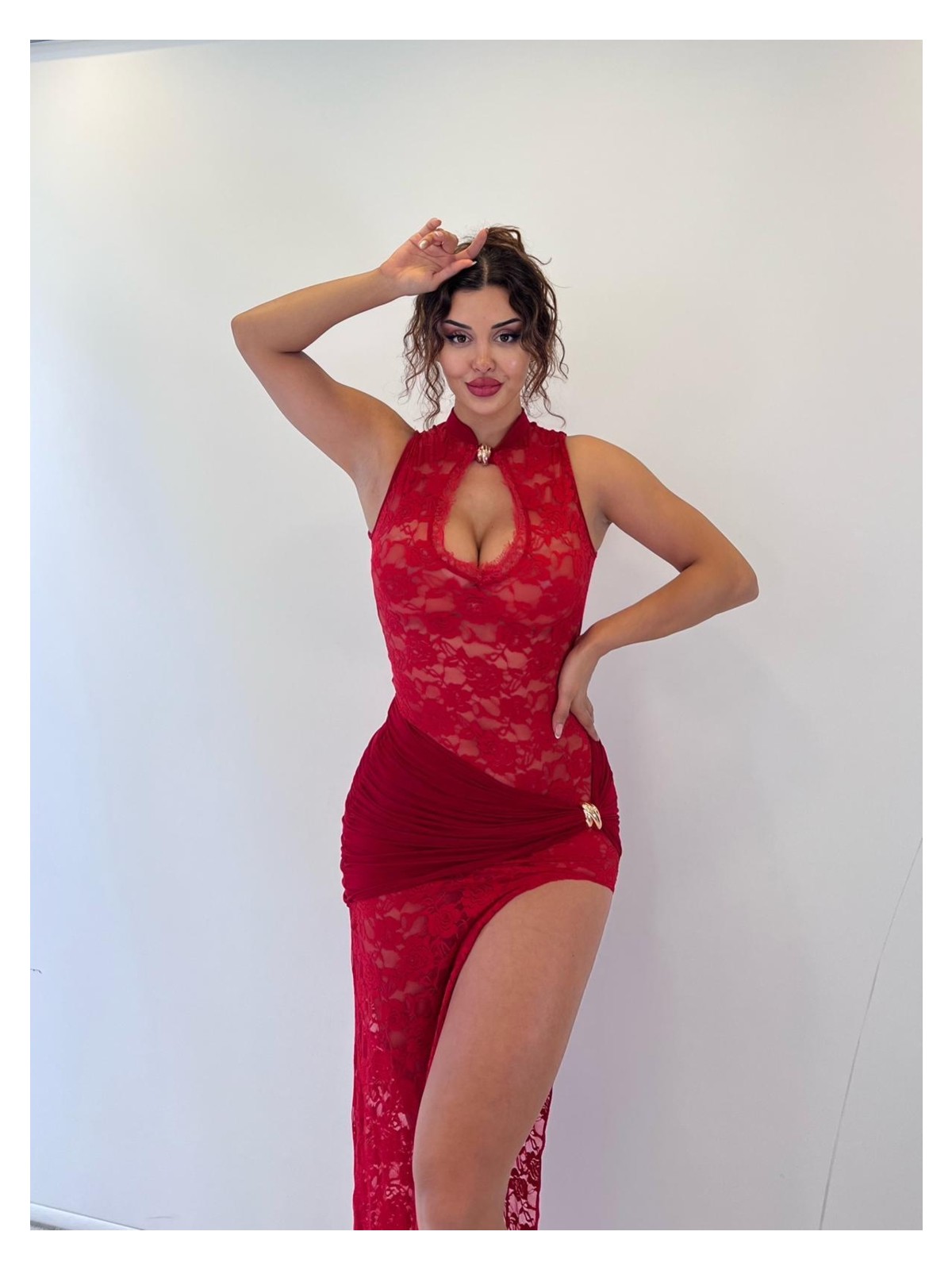 Pink Life Kırmızı Dantel Toka Detaylı Maksi Elbise