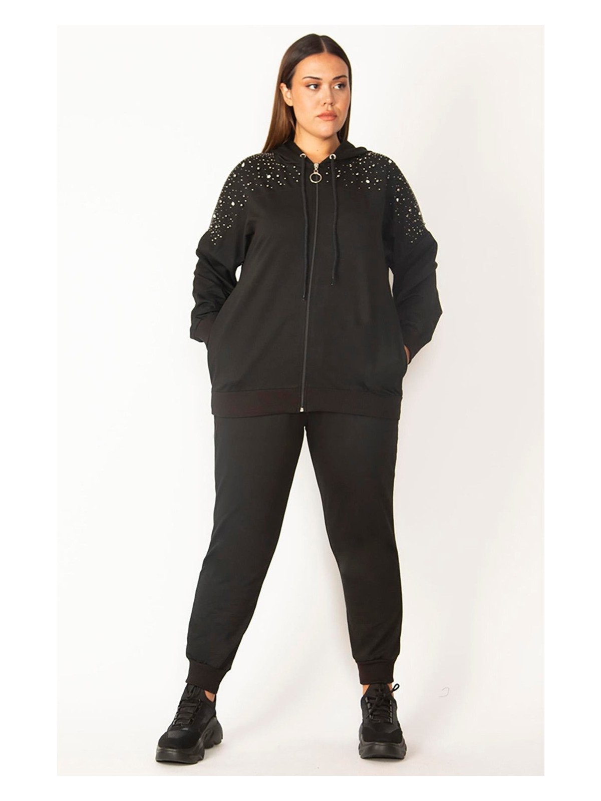 Şans Kadın Siyah Ön Fermuarlı Taş Detaylı Kapşonlu Sweatshirt Pantolon Takım