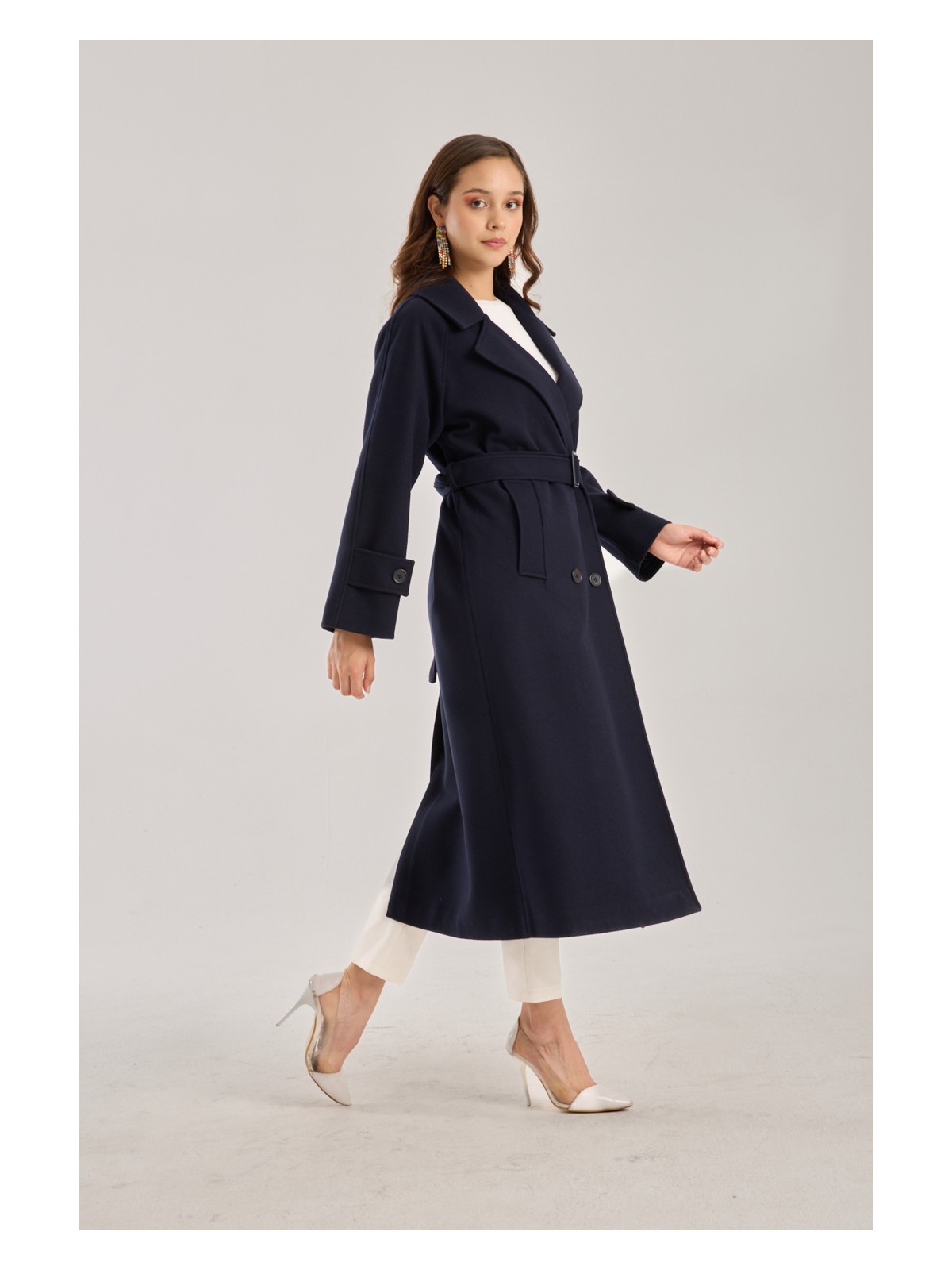 Bolivente Bej Regular Kemerli Kaşe Kaban - Görsel 5