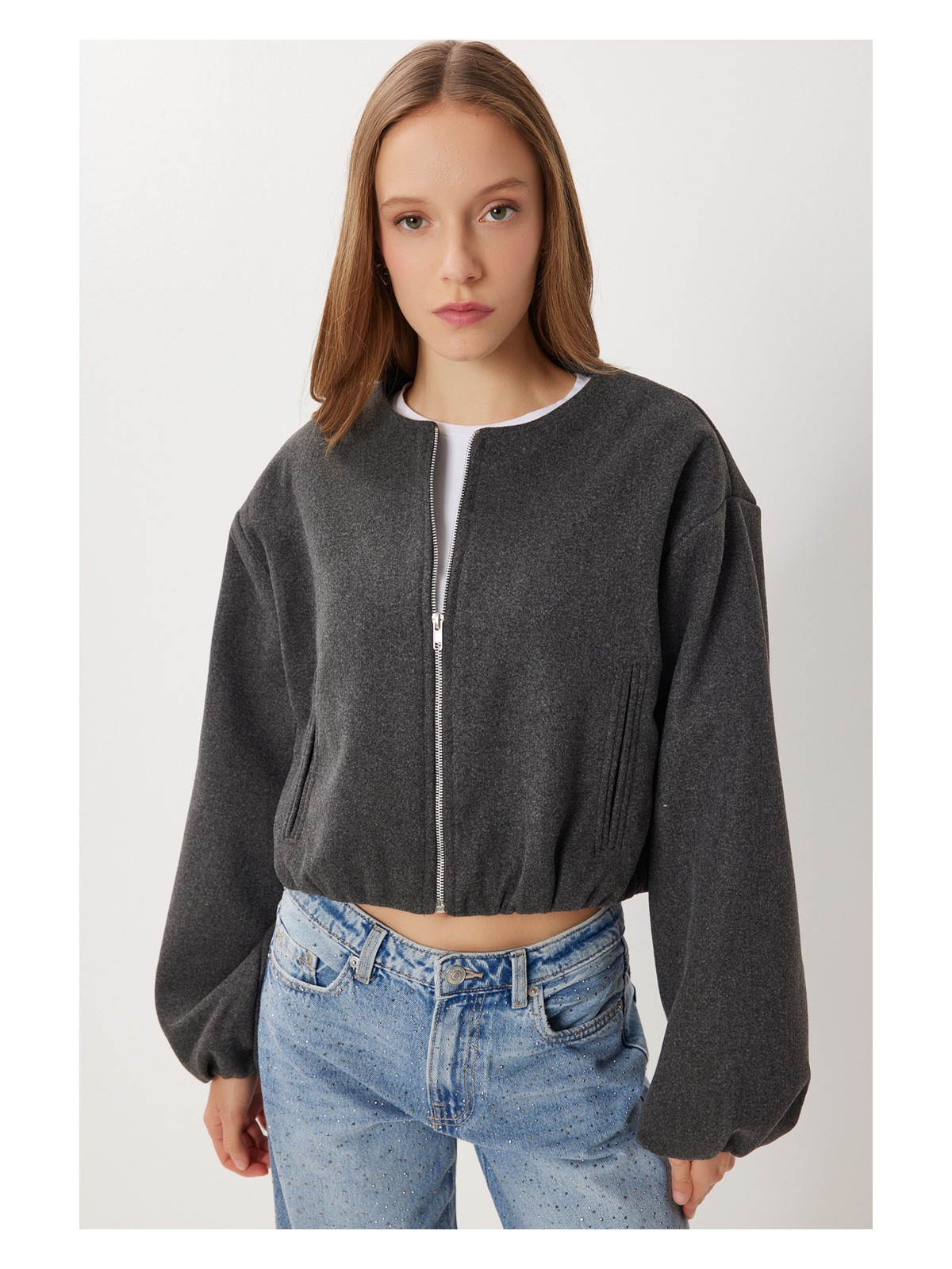 Happiness İstanbul Soft Kaşe Bomber Ceket LUB0248 Antrasit