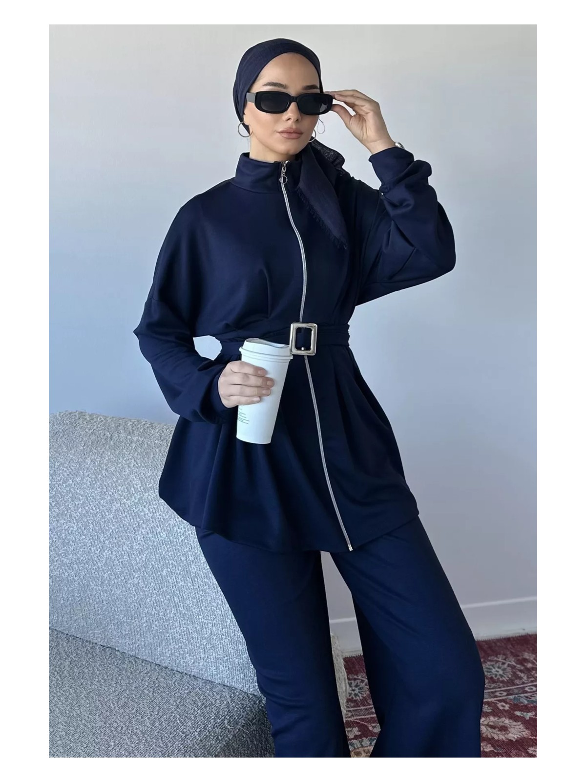 Julude Ön Fermuarlı Pileli Tunik Bel Lastikli Pantolon Tesettür Ikili Takım P-00018989 - Görsel 3