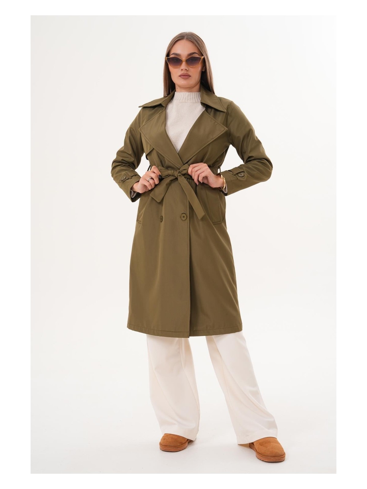 Soi Fashion Kuşaklı Astarlı Uzun Trençkot Lacivert - Görsel 5