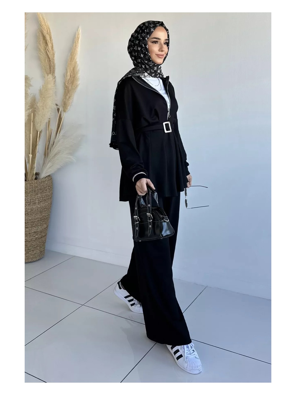 Julude Ön Fermuarlı Pileli Tunik Bel Lastikli Pantolon Tesettür Ikili Takım P-00018989