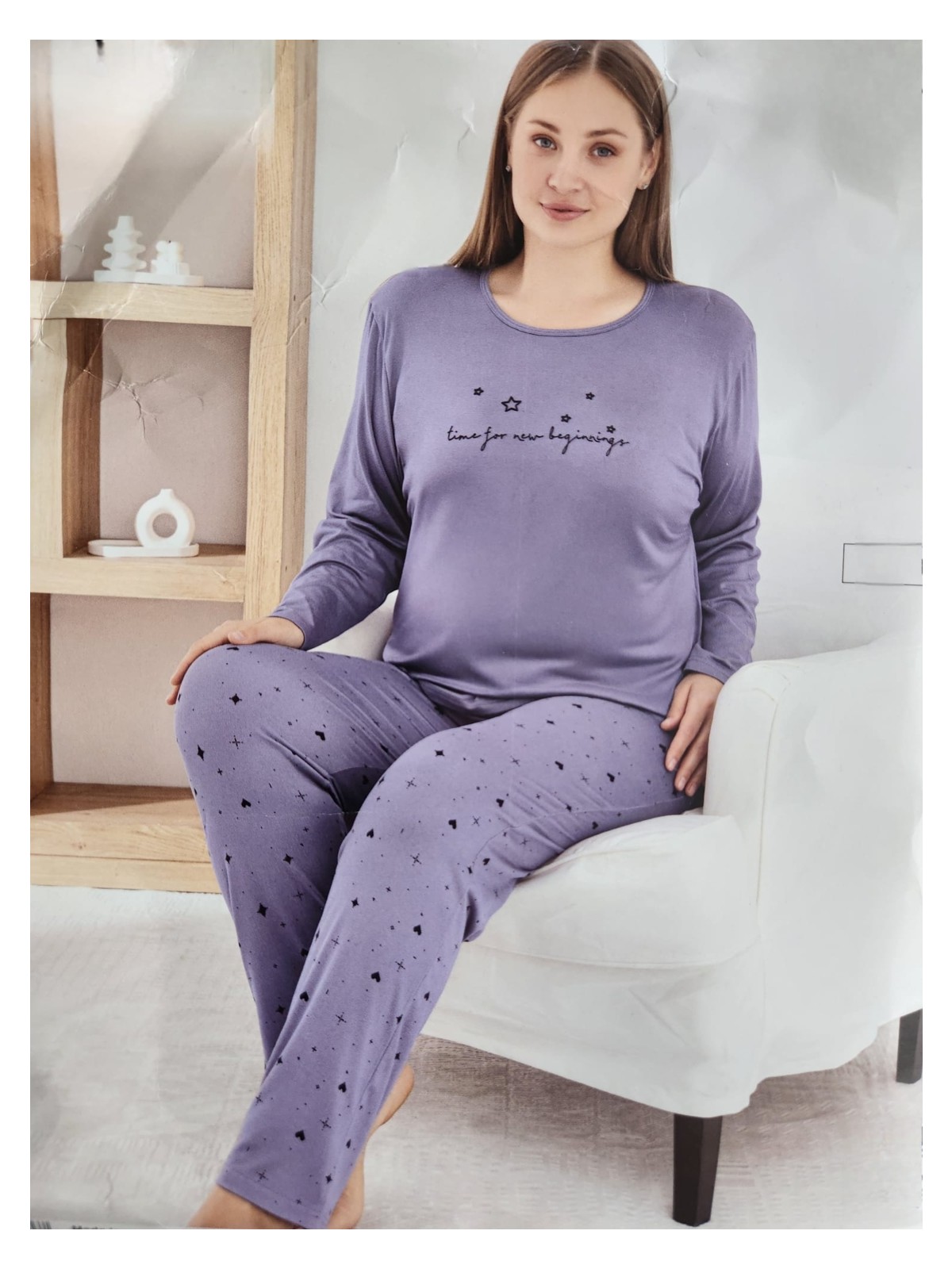 Pijamoni Milan Kumaş Büyük Beden Uzun Kollu Pijama Takımı 7666 - Görsel 4