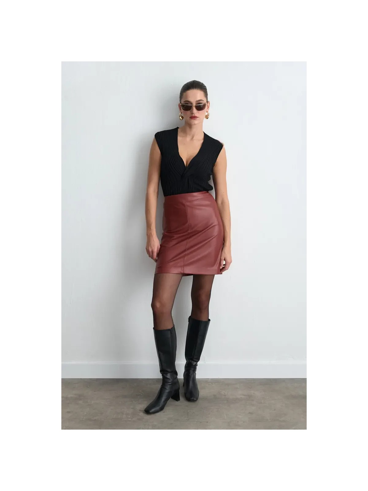 Gusto Suni Deri Mini Etek - Siyah - Görsel 4