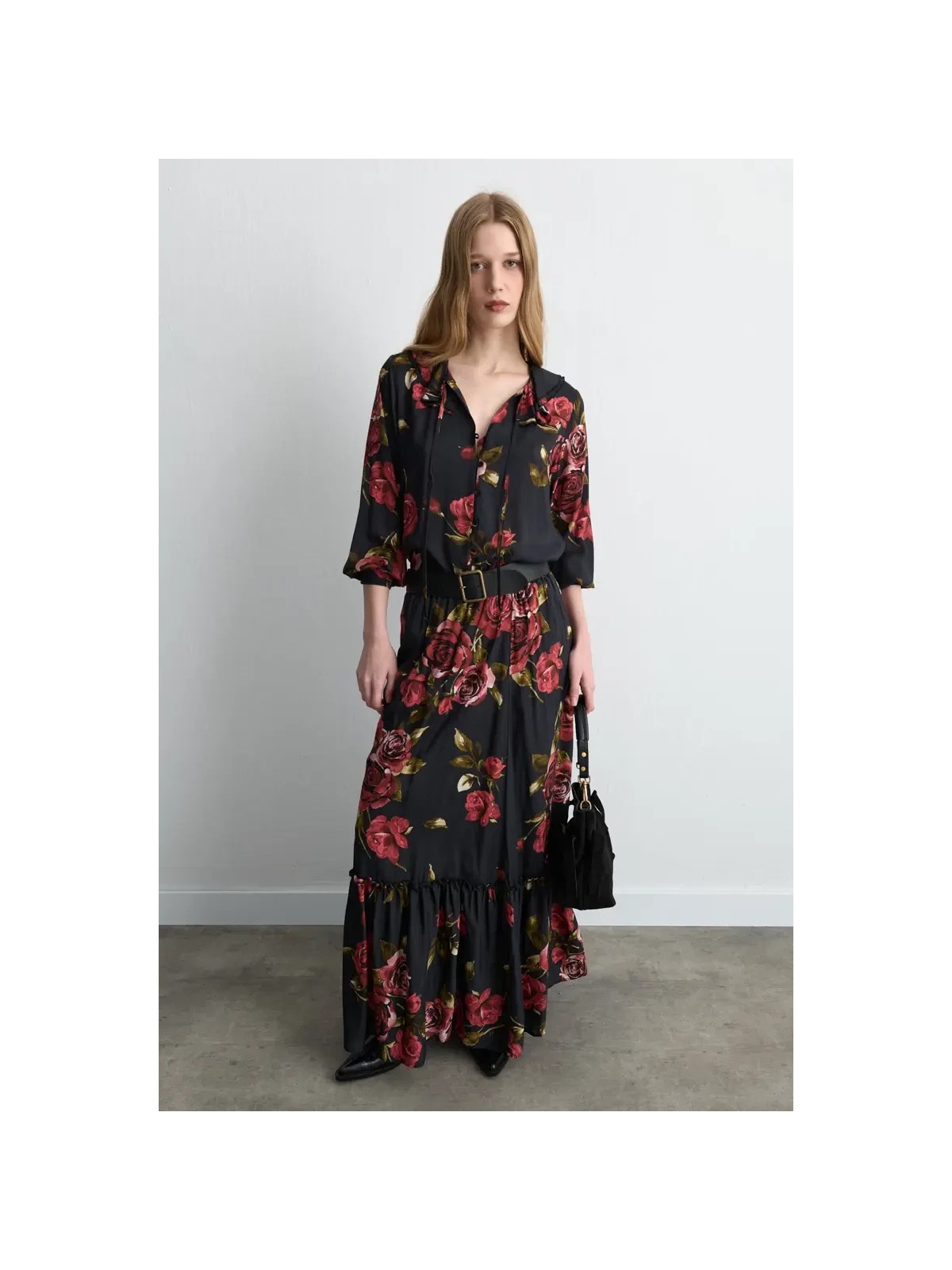 Gusto Anka Koleksiyonu Gül Desenli Uzun Viskon Etek - Siyah