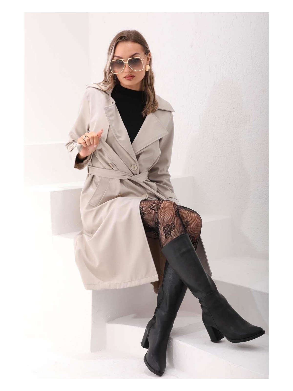 Soi Fashion Kuşaklı Astarlı Uzun Trençkot Siyah - Görsel 6