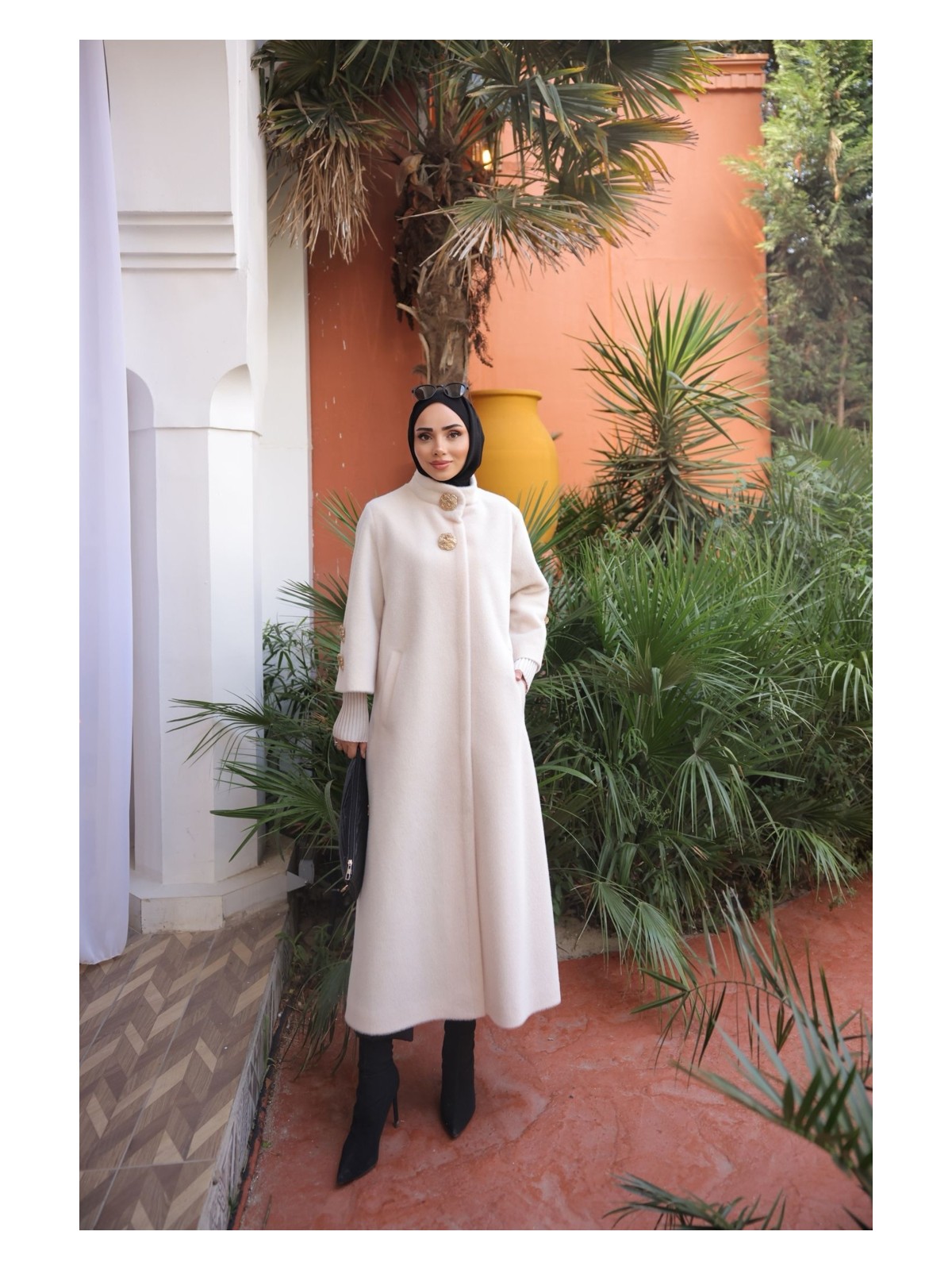 Hakim Yaka Kol Ribanalı Gizli Düğmeli Fok Kumaş Şık Kaban - Görsel 6