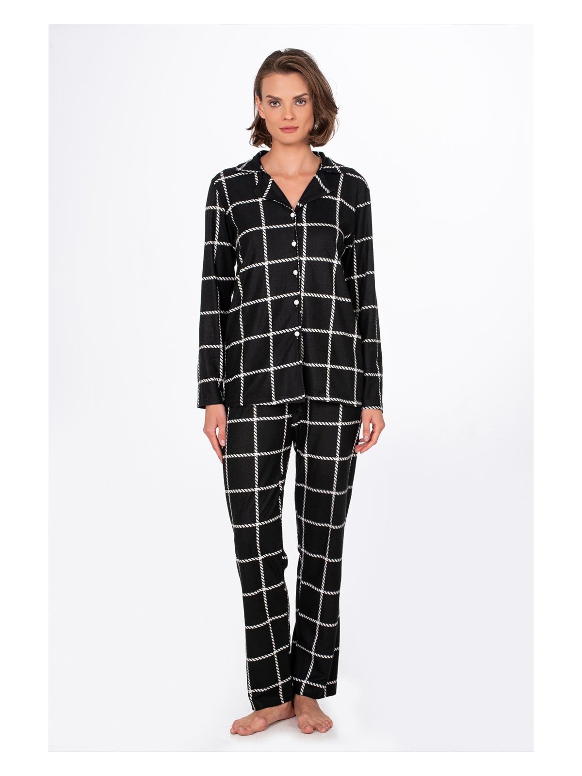 Kompedan Kadın Süet Önden Düğmeli Pijama Takımı | Beyaz Çizgili