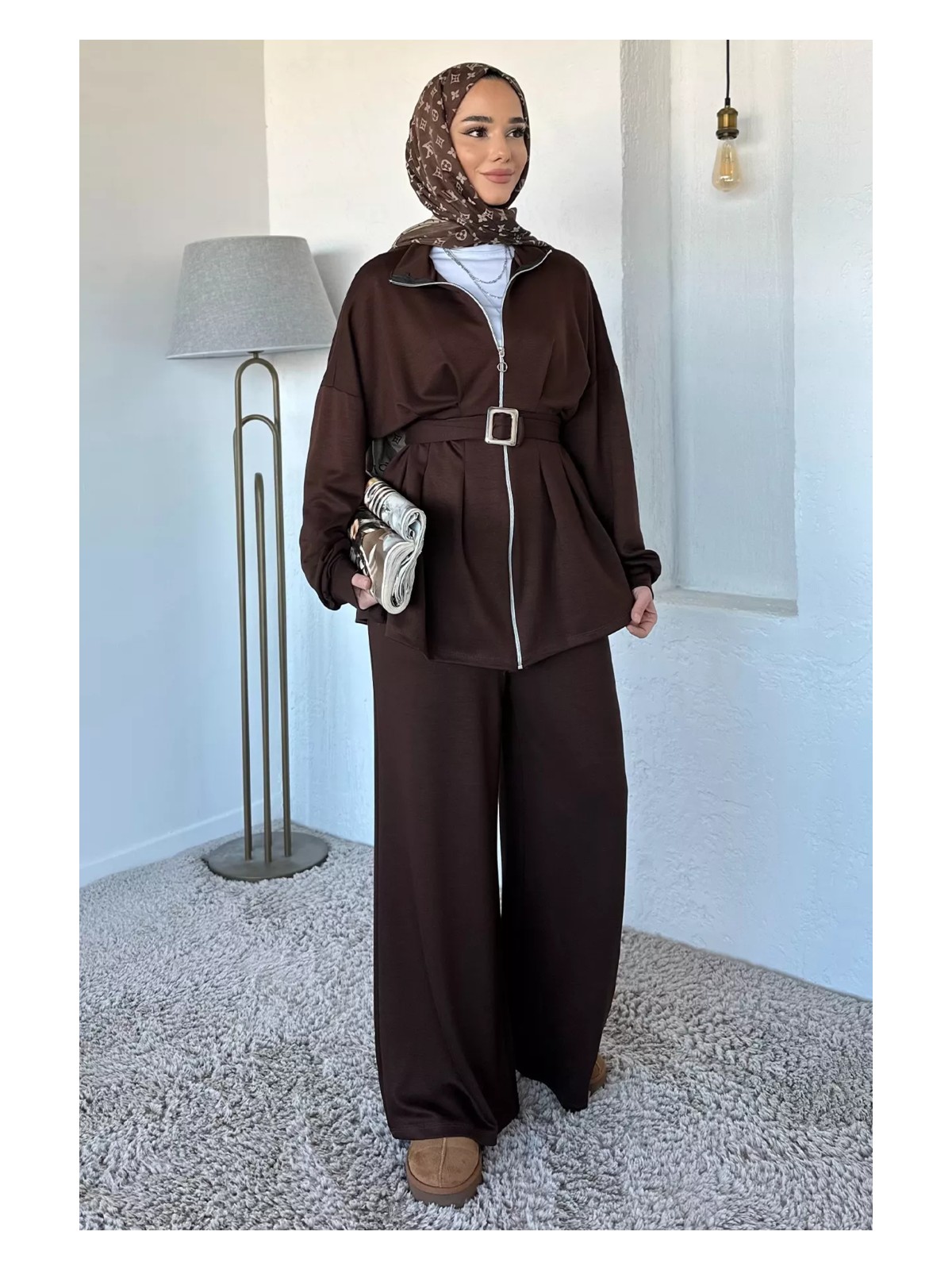 Julude Ön Fermuarlı Pileli Tunik Bel Lastikli Pantolon Tesettür Ikili Takım P-00018989 - Görsel 6