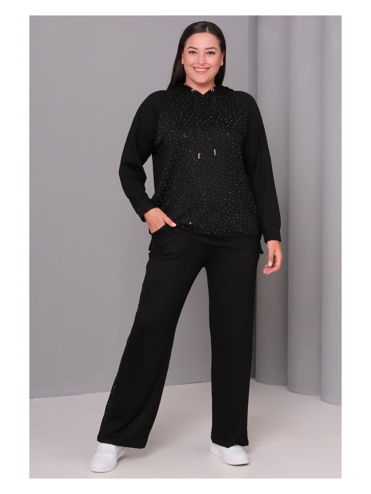 Şans Kadın Kapüşonlu Eşofman Takım Büyük Beden Siyah Taş Detaylı %95 Viskon 65N39139