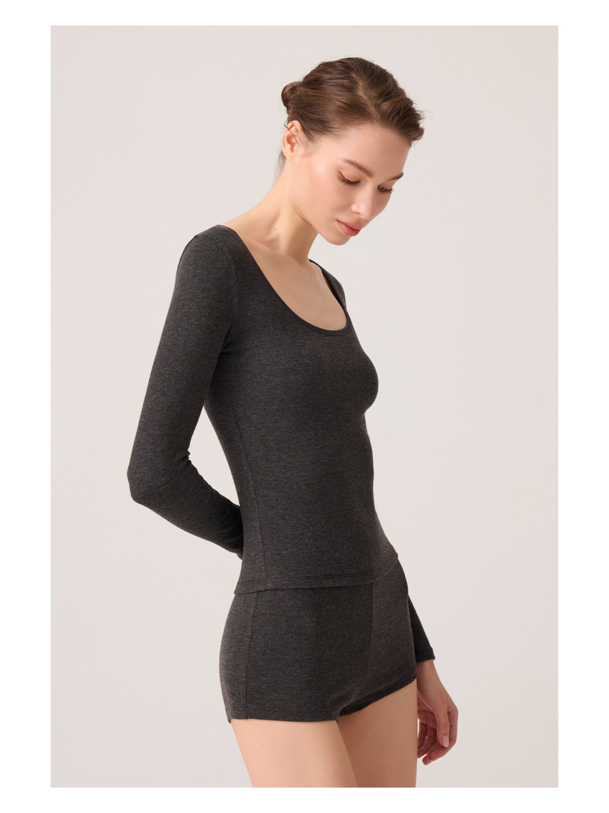 Los Ojos x Ece Kahverengi Modal Kumaşlı Uzun Kollu Şortlu Pijama Takımı Ribbed Pj - Görsel 4