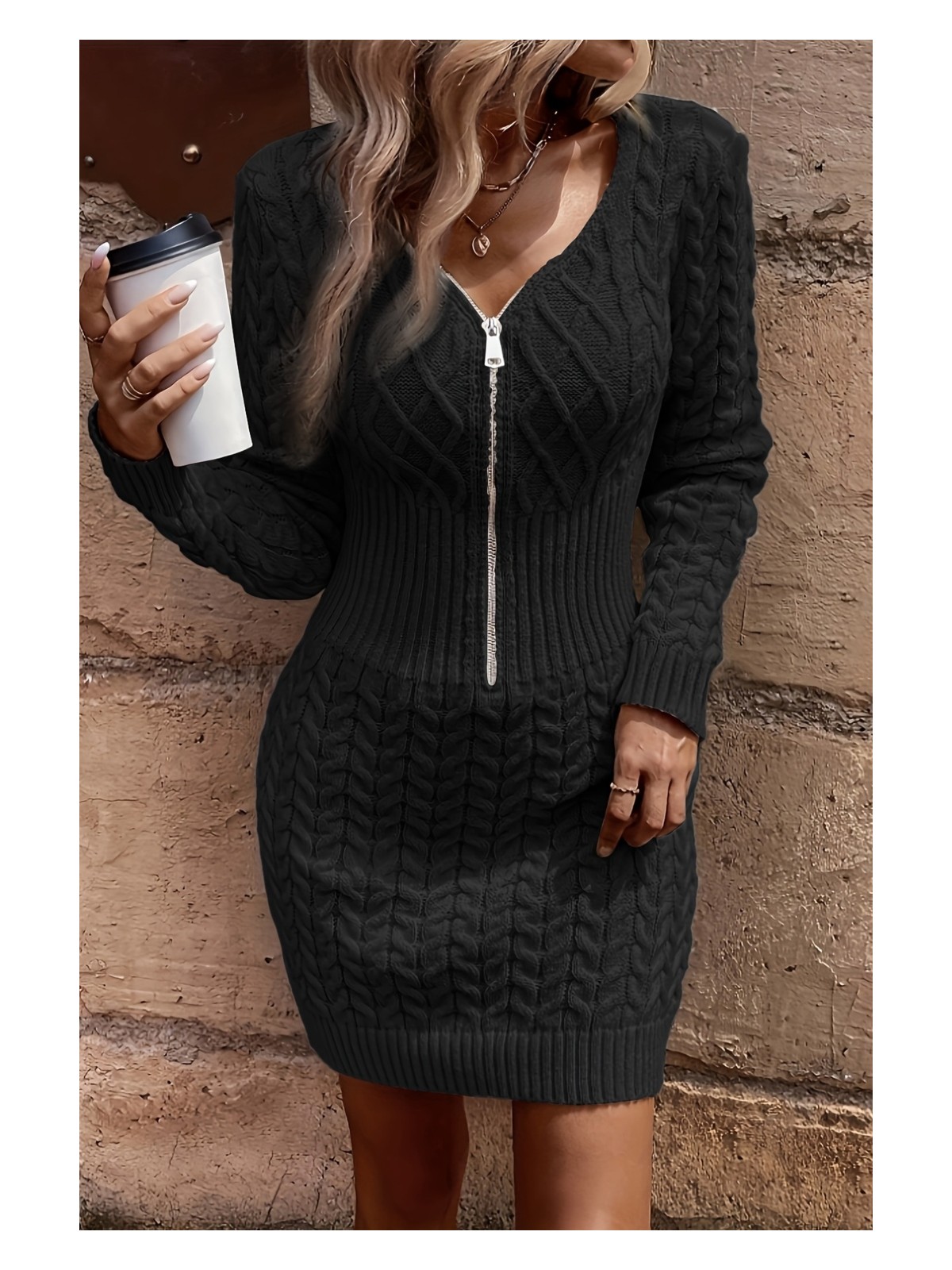 Merry See Uzun Kollu Fermuarlı Triko Örme Mini Elbise - Görsel 3