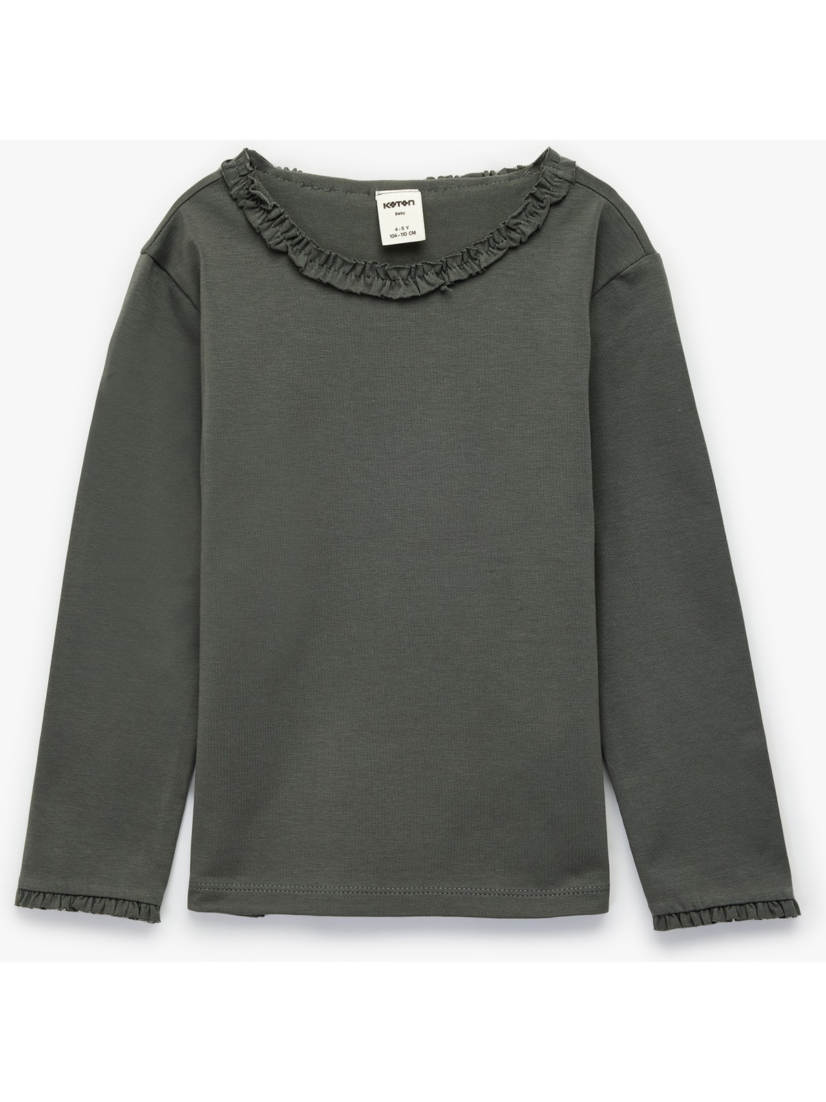 Koton Fırfırlı Uzun Kollu Bisiklet Yaka Pamuklu Basic Tişört - Görsel 5