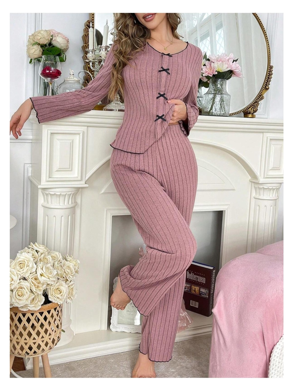 Bella Notte Gül Kurusu Pamuklu Fiyonk Detaylı Uzun Kollu Pijama Takımı