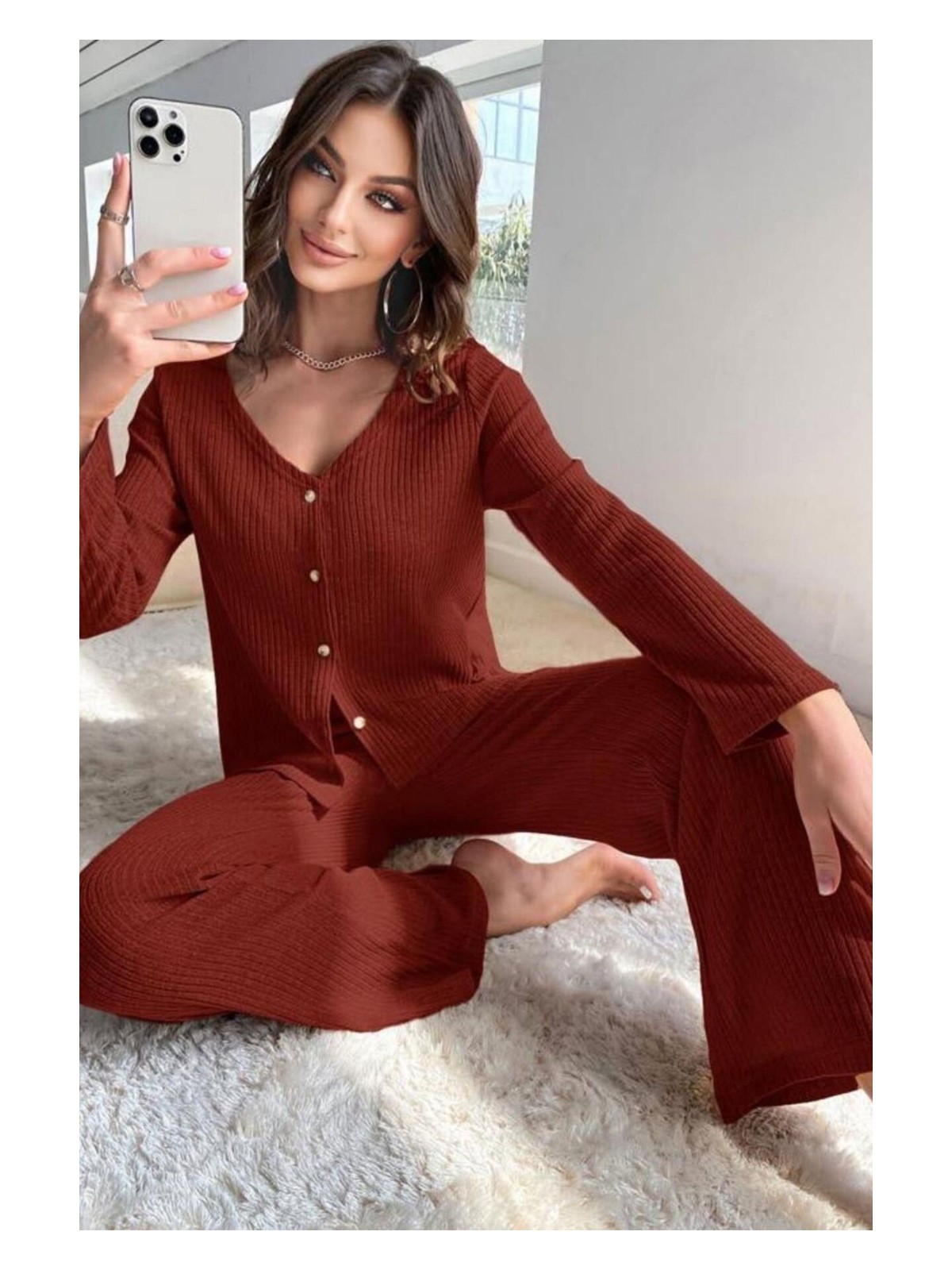 Bella Notte V Yaka Pamuklu Bordo Düğmeli Uzun Pijama Takımı