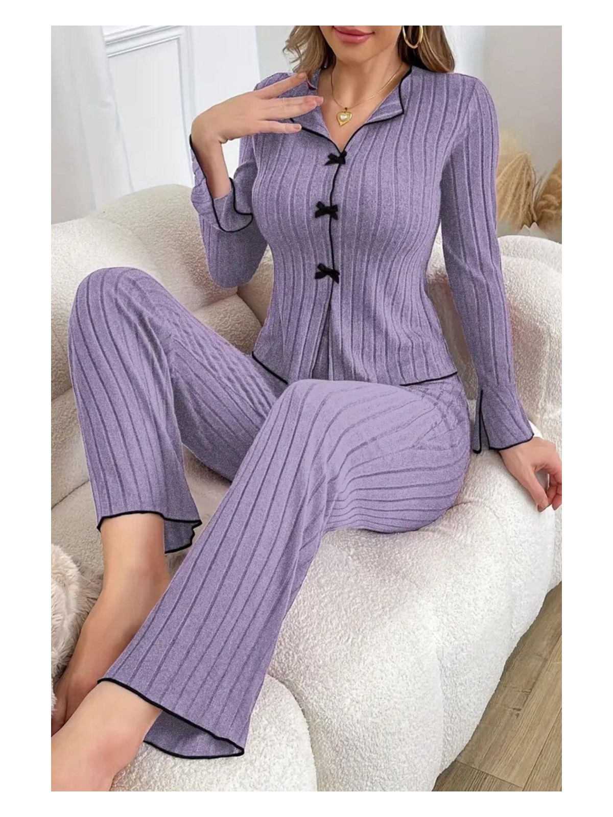 Bella Notte Kadın Pamuklu Mor Fiyonk Detaylı Mevsimlik Pijama Takımı Şık Tasarım