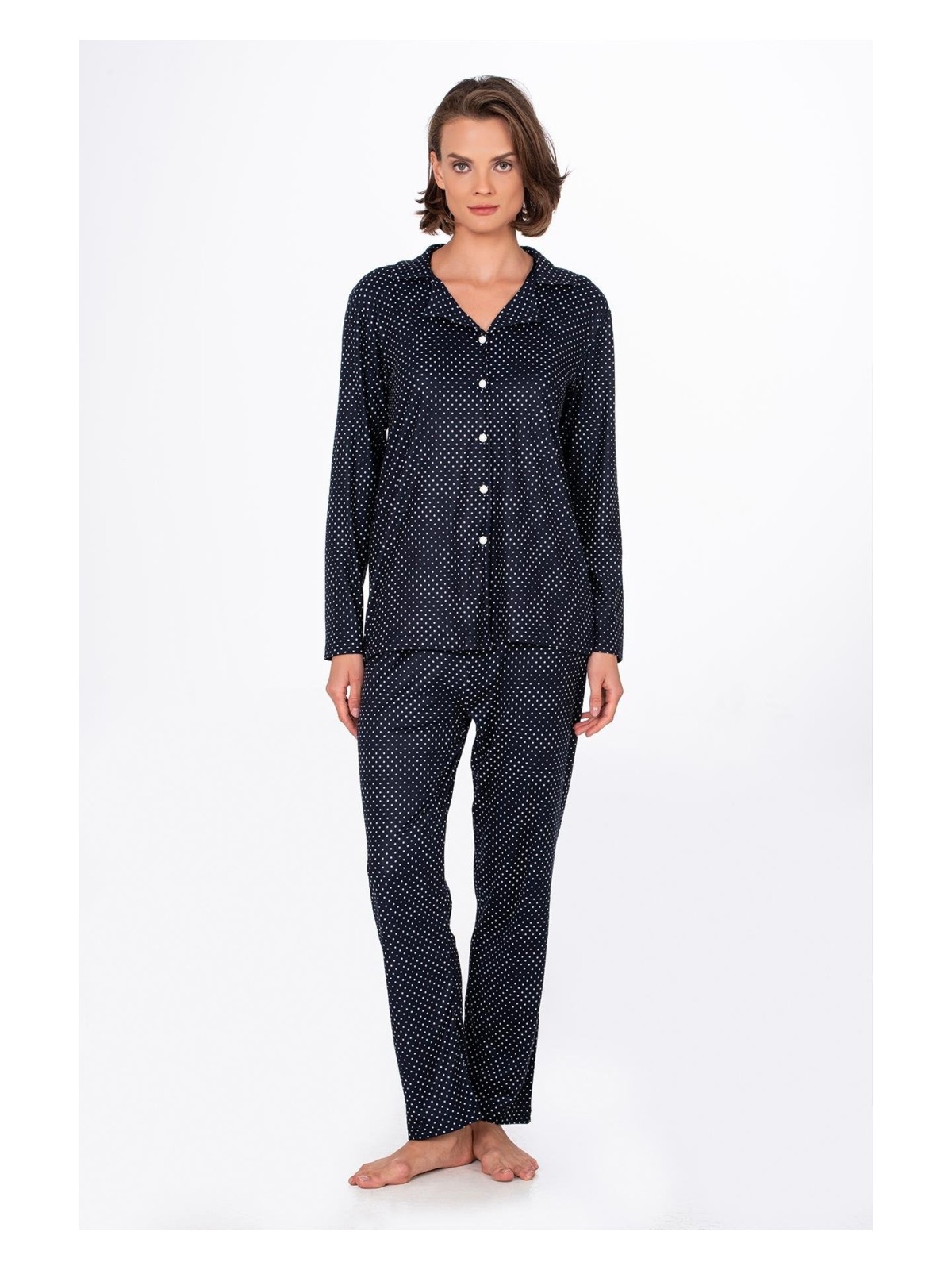 Kompedan Kadın Süet Önden Düğmeli Pijama Takımı | Beyaz Çizgili - Görsel 3