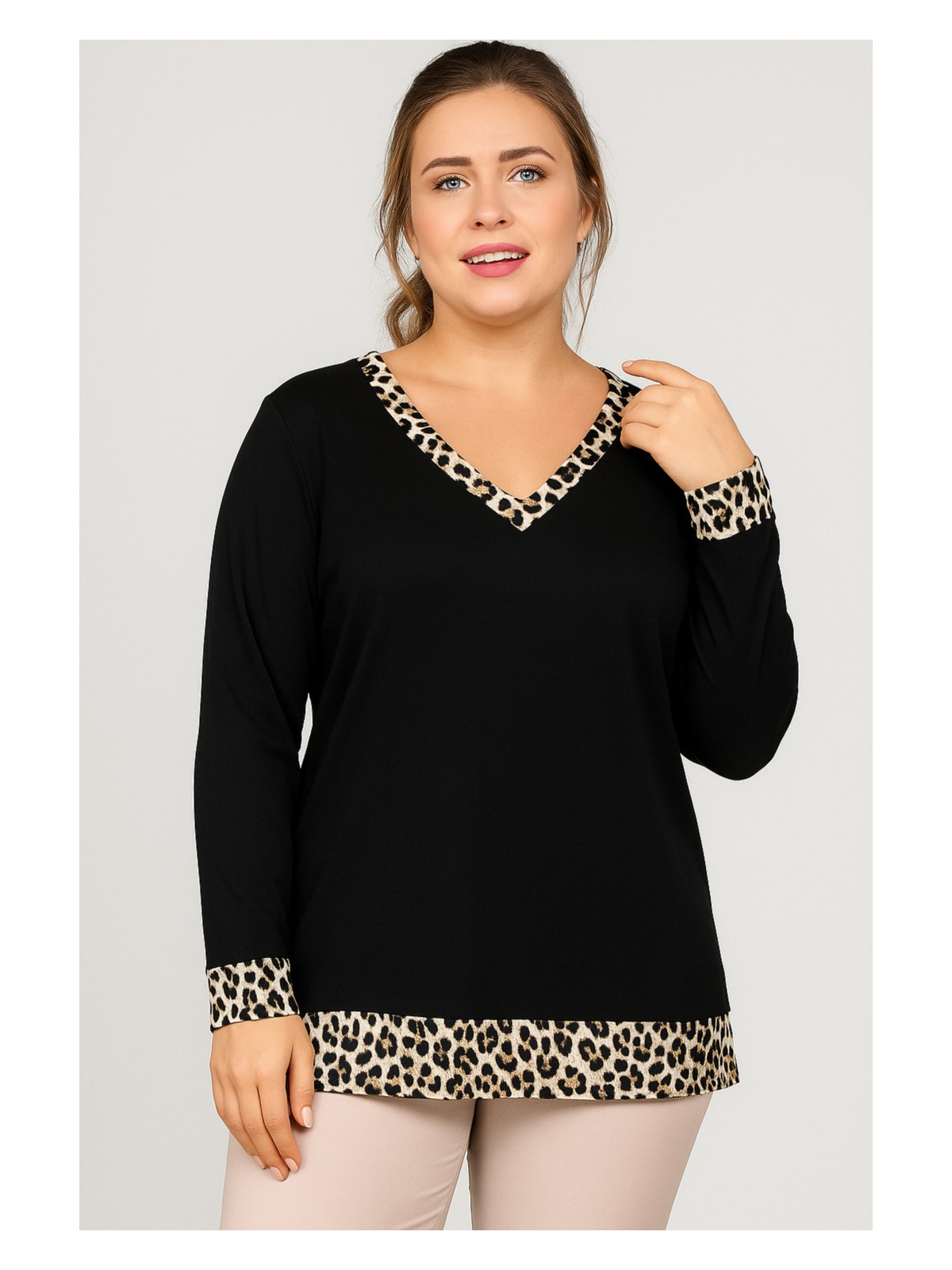 Curvy Trend Büyük Beden V Yaka Kolucu Etek Leopar Garnili Uzun Kol Bluz