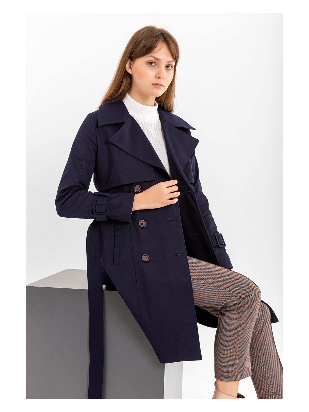 Pastelastore Pamuk Gabardin Midi (95CM) Astarlı Kemerli Kadın Trençkot 1113 - Görsel 4