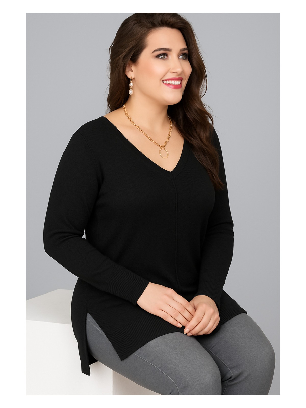 Curvy Trend Büyük Beden V Yaka Uzun Kol Yan Yırtmaçlı Bluz