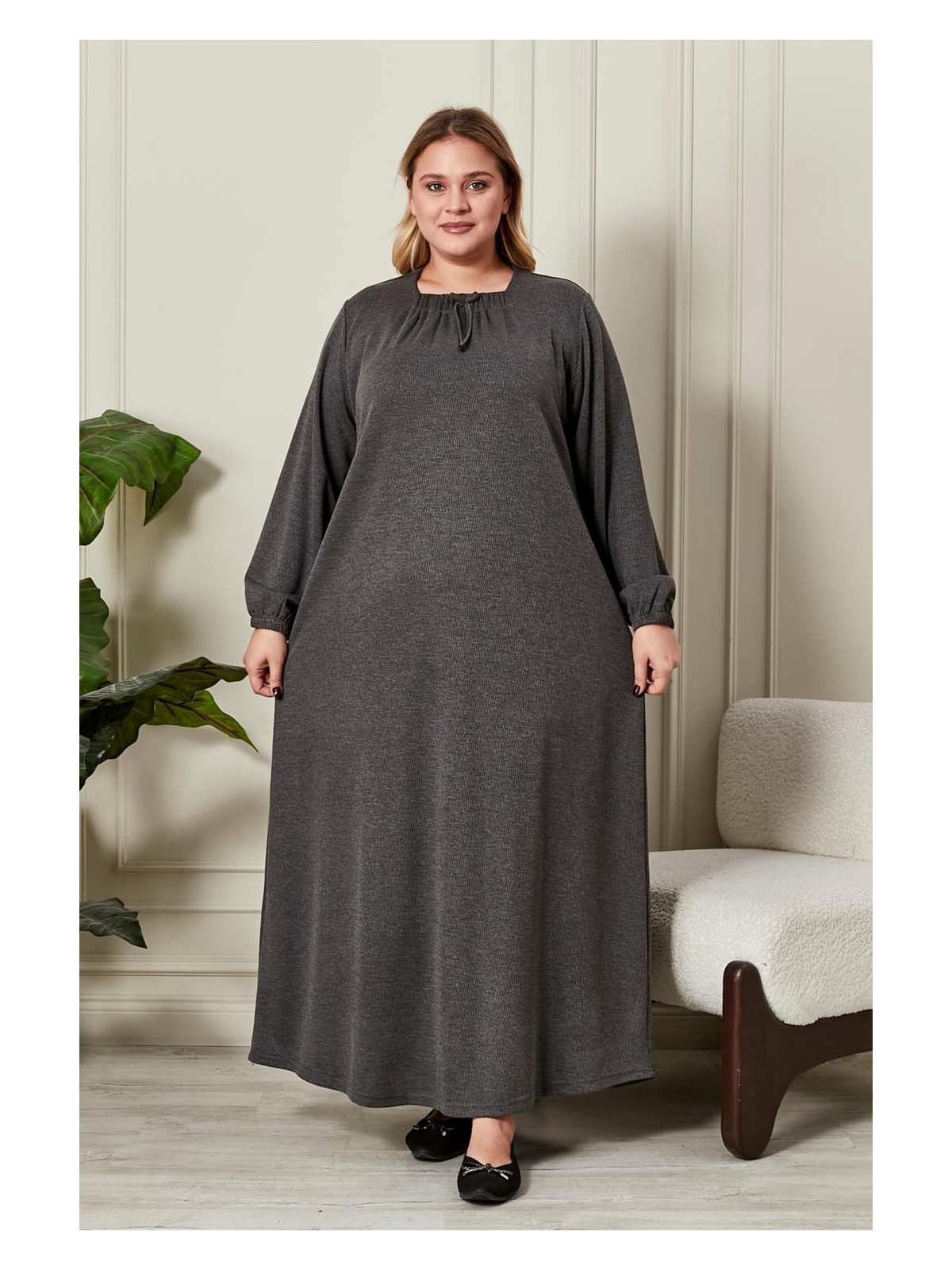 FERACE Kadın Büyük Beden Kare Yaka Elbise - Görsel 4