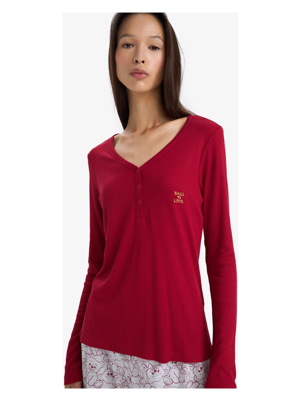 DeFacto Regular Fit V Yaka Uzun Kollu Fitilli Kaşkorse Pijama Üstü F3722AX25WN