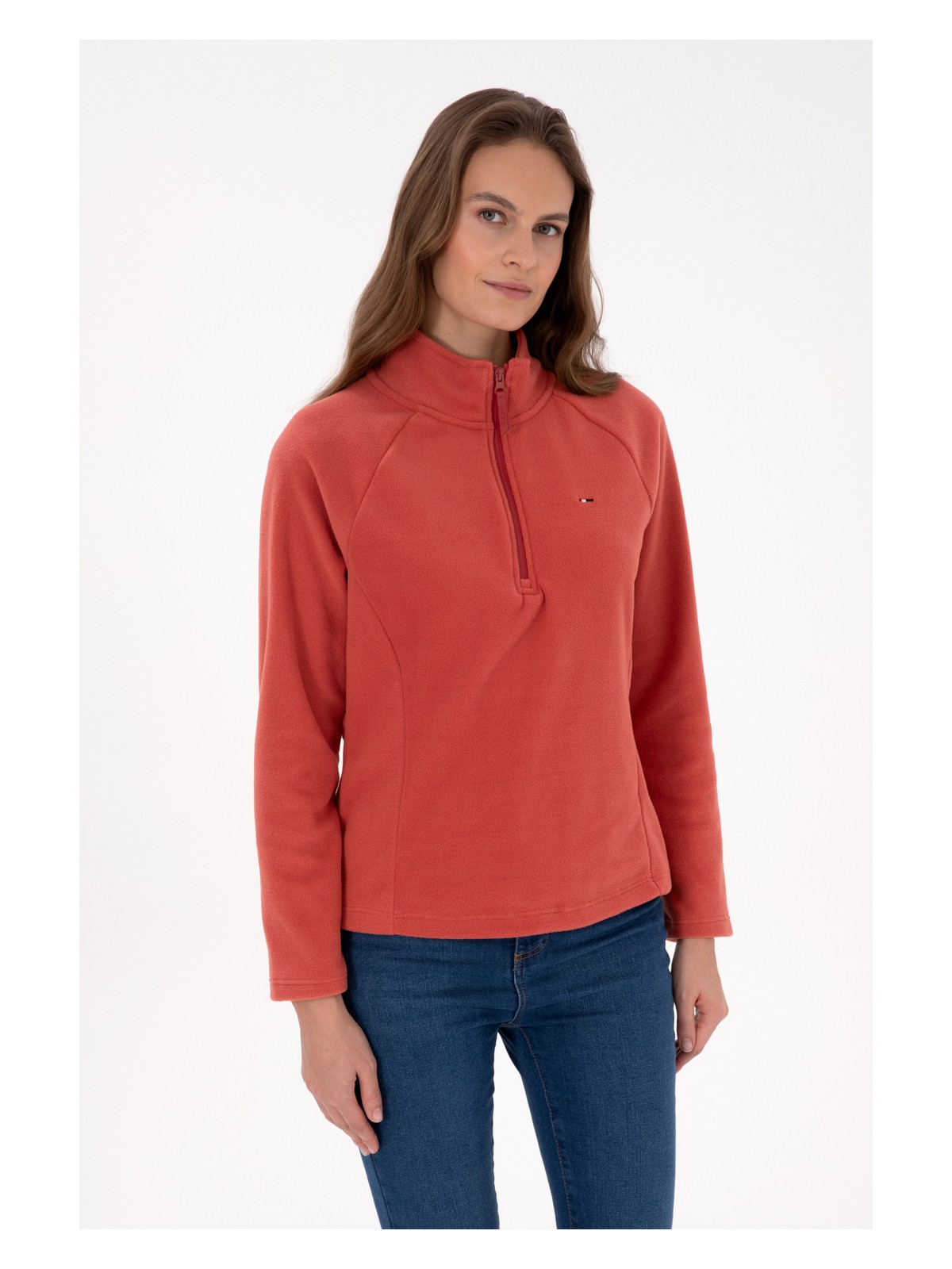 U.S. Polo Assn. Kadın Kiremit Fermuarlı Dik Yaka Polar Sweatshirt 50316714-VR026