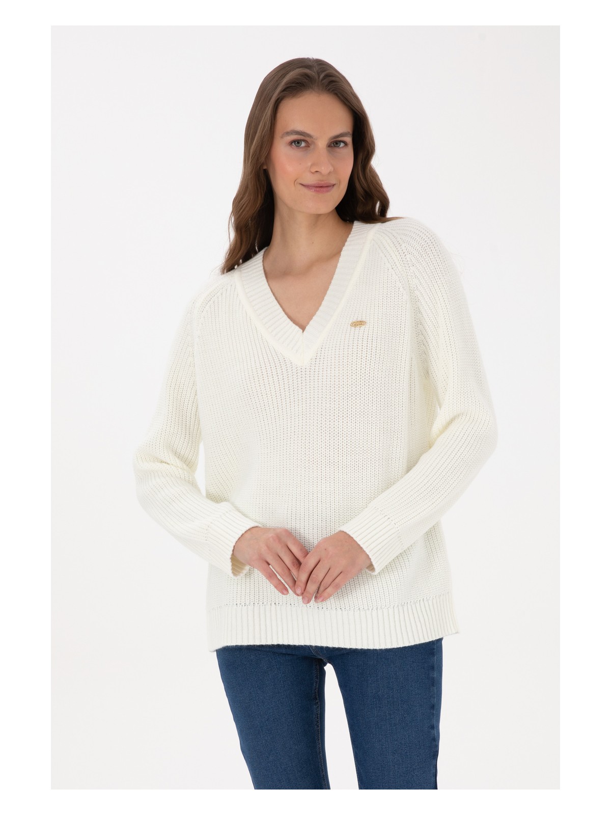 U.S. Polo Assn. Kadın Krem V Yaka Kazak 50314934-VR256