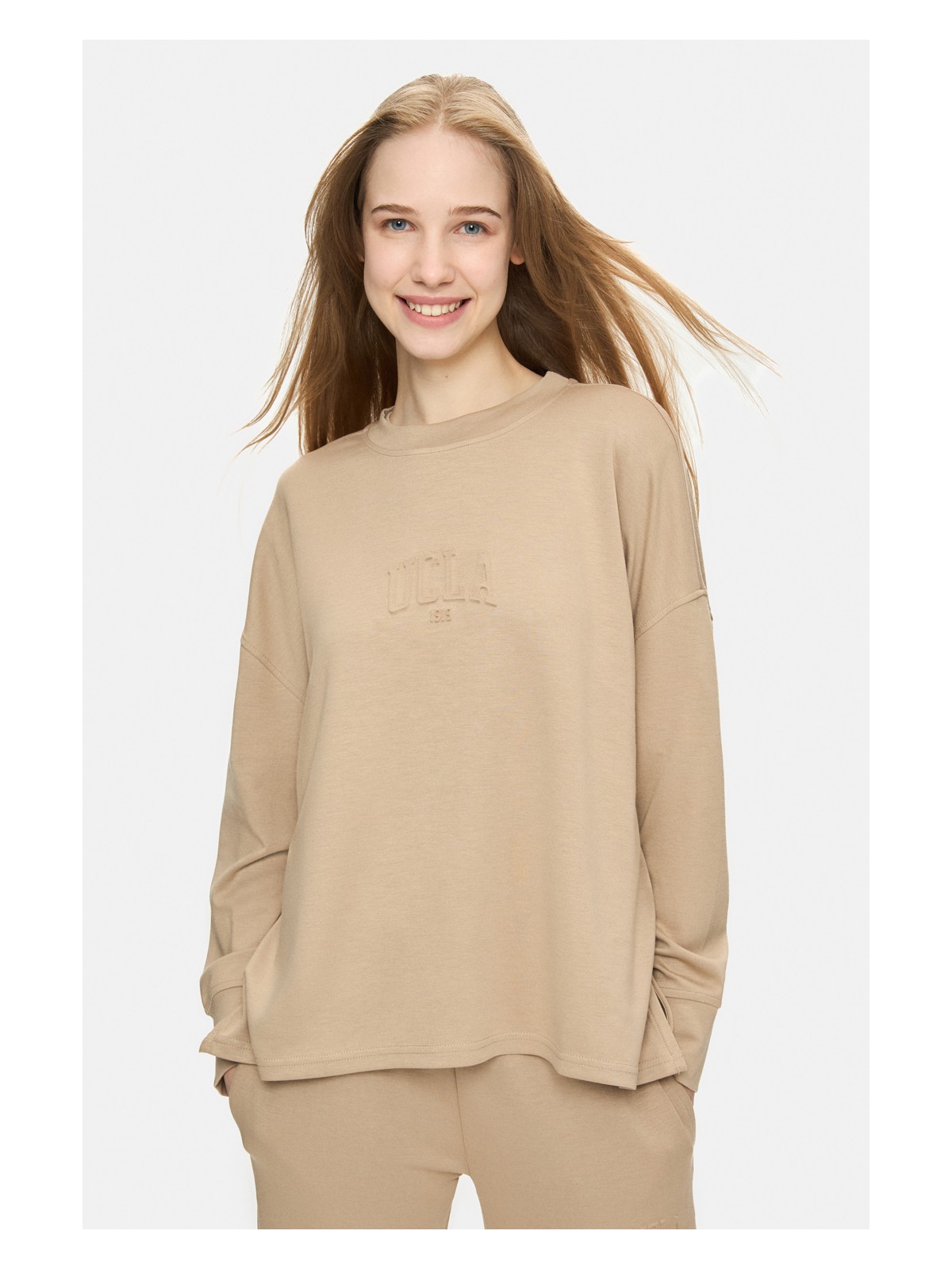 Ucla Elowen Siyah Bisiklet Yaka Gofre Baskı Loose Fit Kadın Sweatshirt - Görsel 4