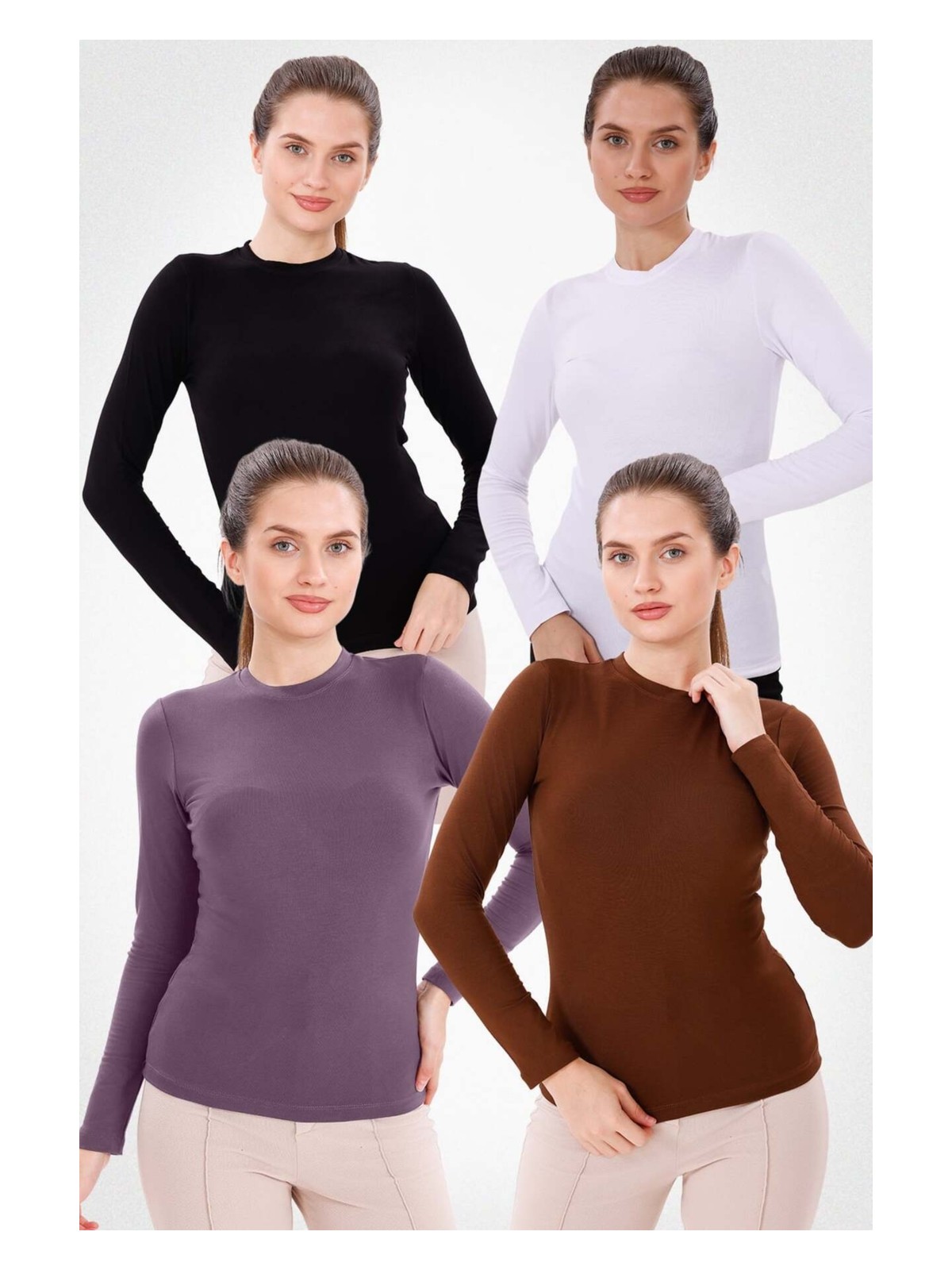 Yade Fashion Kadın Bisiklet Yaka Uzun Kol Body 4'lü Set Bisiklet Yaka Viskon Kumaş ve Esnek Yapı - Görsel 4