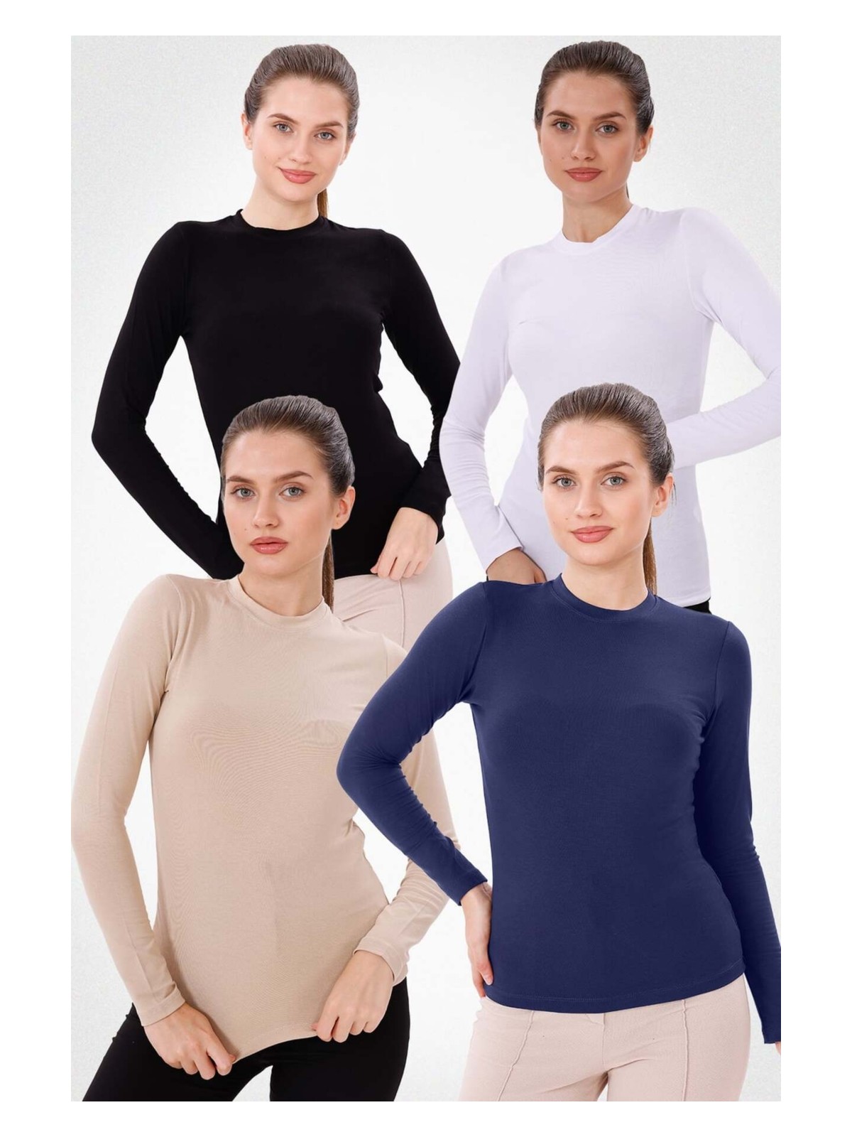 Yade Fashion Kadın Bisiklet Yaka Uzun Kol Body 4'lü Set Bisiklet Yaka Viskon Kumaş ve Esnek Yapı - Görsel 6