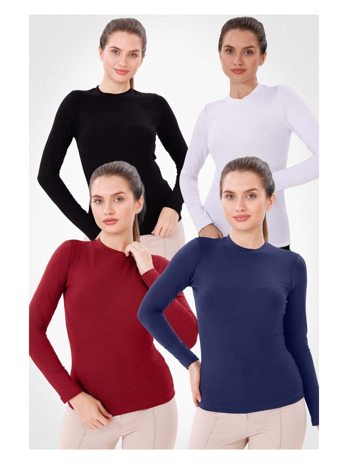 Yade Fashion Kadın Bisiklet Yaka Uzun Kol Body 4'lü Set Bisiklet Yaka Viskon Kumaş ve Esnek Yapı - Görsel 8