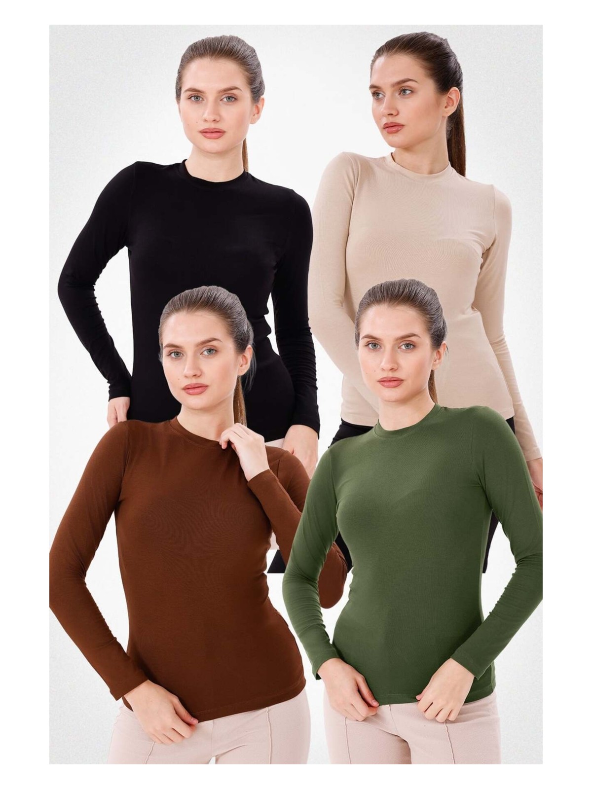 Yade Fashion Kadın Bisiklet Yaka Uzun Kol Body 4'lü Set Bisiklet Yaka Viskon Kumaş ve Esnek Yapı