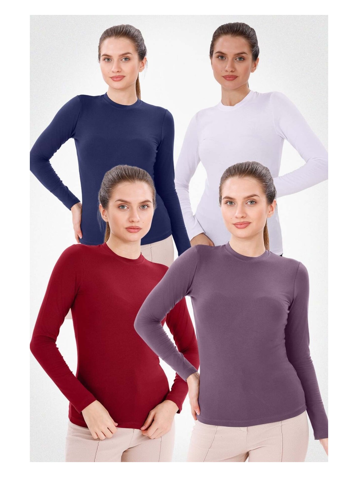 Yade Fashion Kadın Bisiklet Yaka Uzun Kol Body 4'lü Set Bisiklet Yaka Viskon Kumaş ve Esnek Yapı - Görsel 7