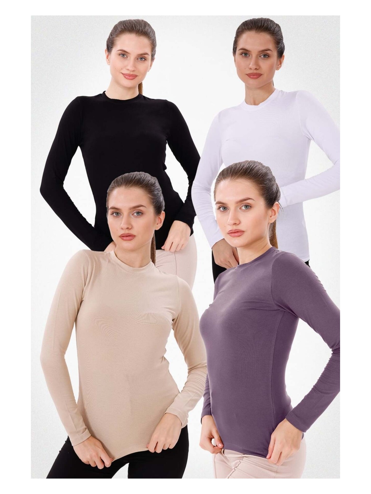 Yade Fashion Kadın Bisiklet Yaka Uzun Kol Body 4'lü Set Bisiklet Yaka Viskon Kumaş ve Esnek Yapı - Görsel 5