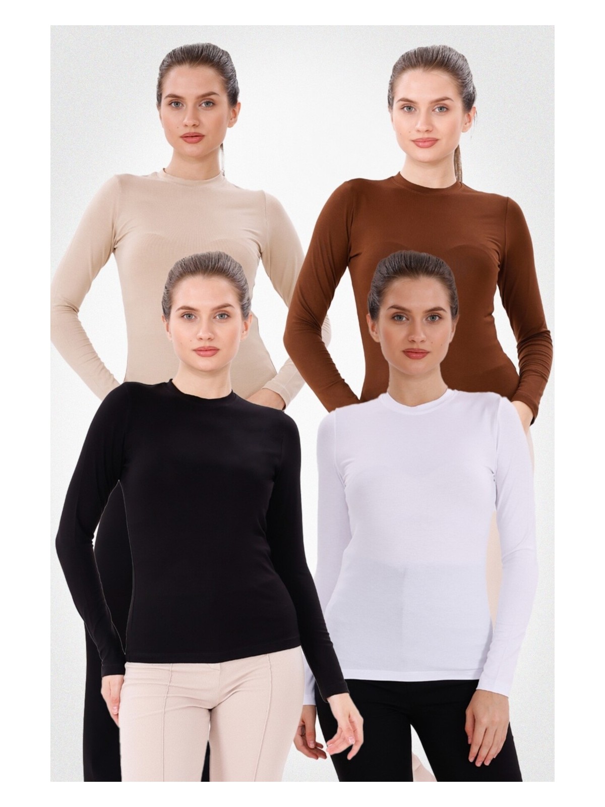 Yade Fashion Kadın Bisiklet Yaka Uzun Kol Body 4'lü Set Bisiklet Yaka Viskon Kumaş ve Esnek Yapı - Görsel 9