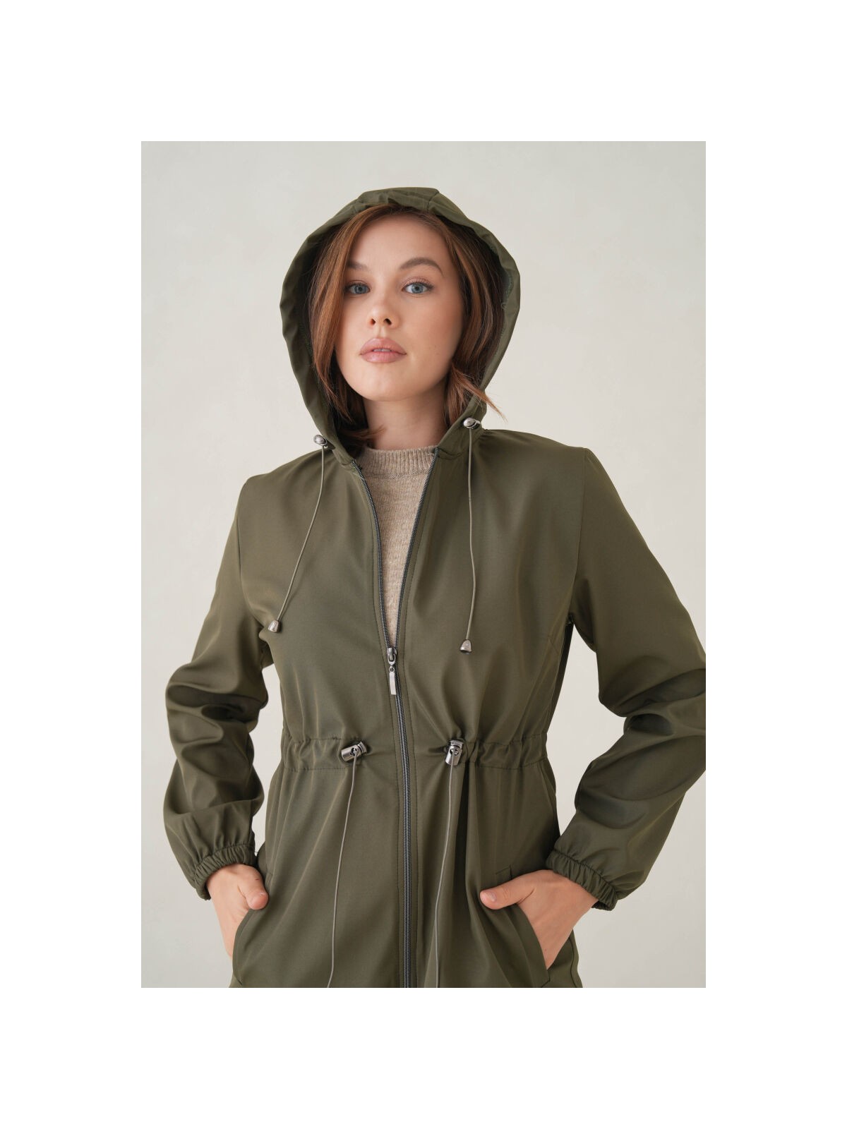 D1fference Su Geçirmez Kapüşonlu Fermuarlı Sık Dokuma Kadın Trençkot - Görsel 4