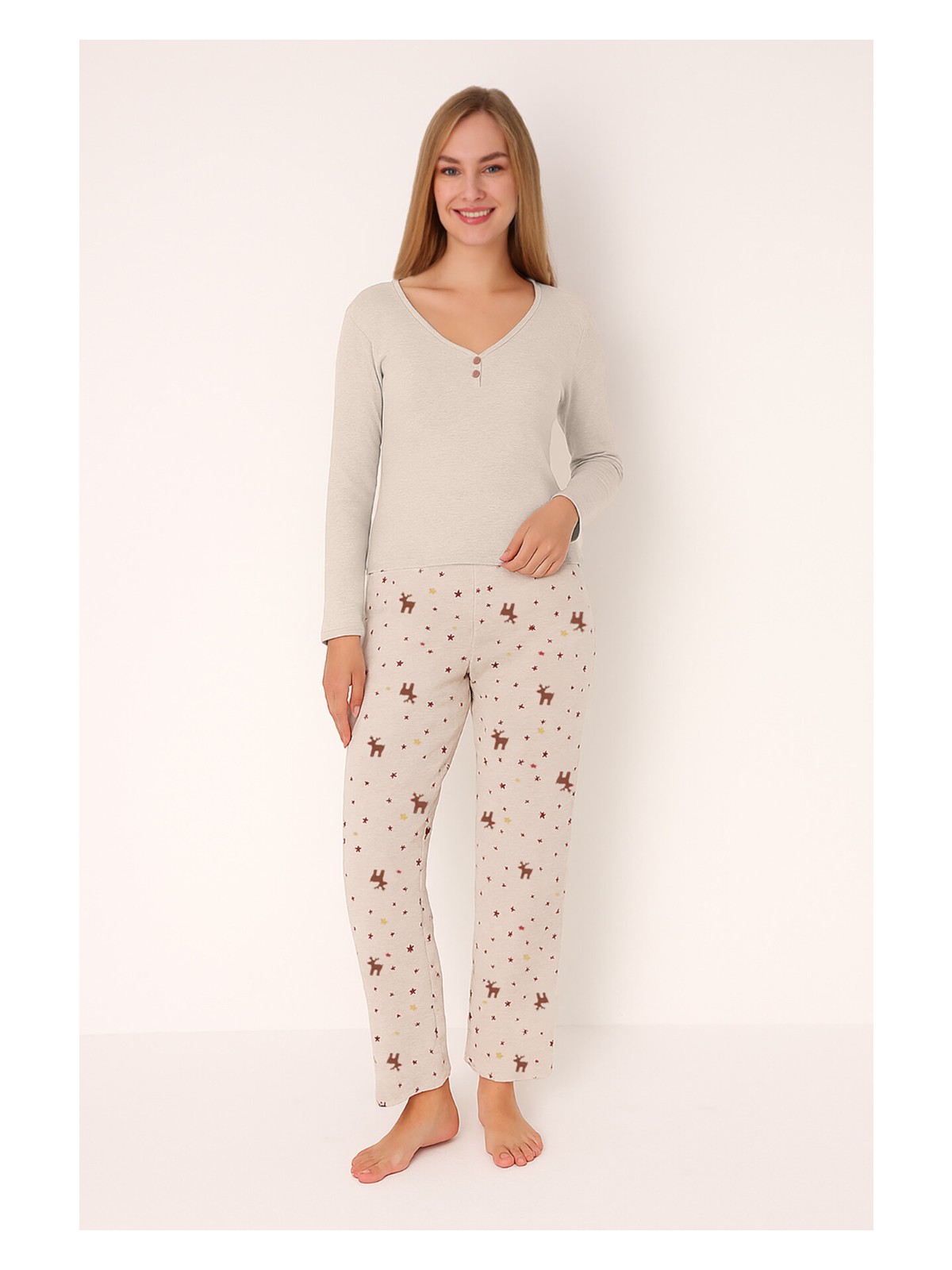 NBB Nbb Bej Deer Patlı Pijama Takım